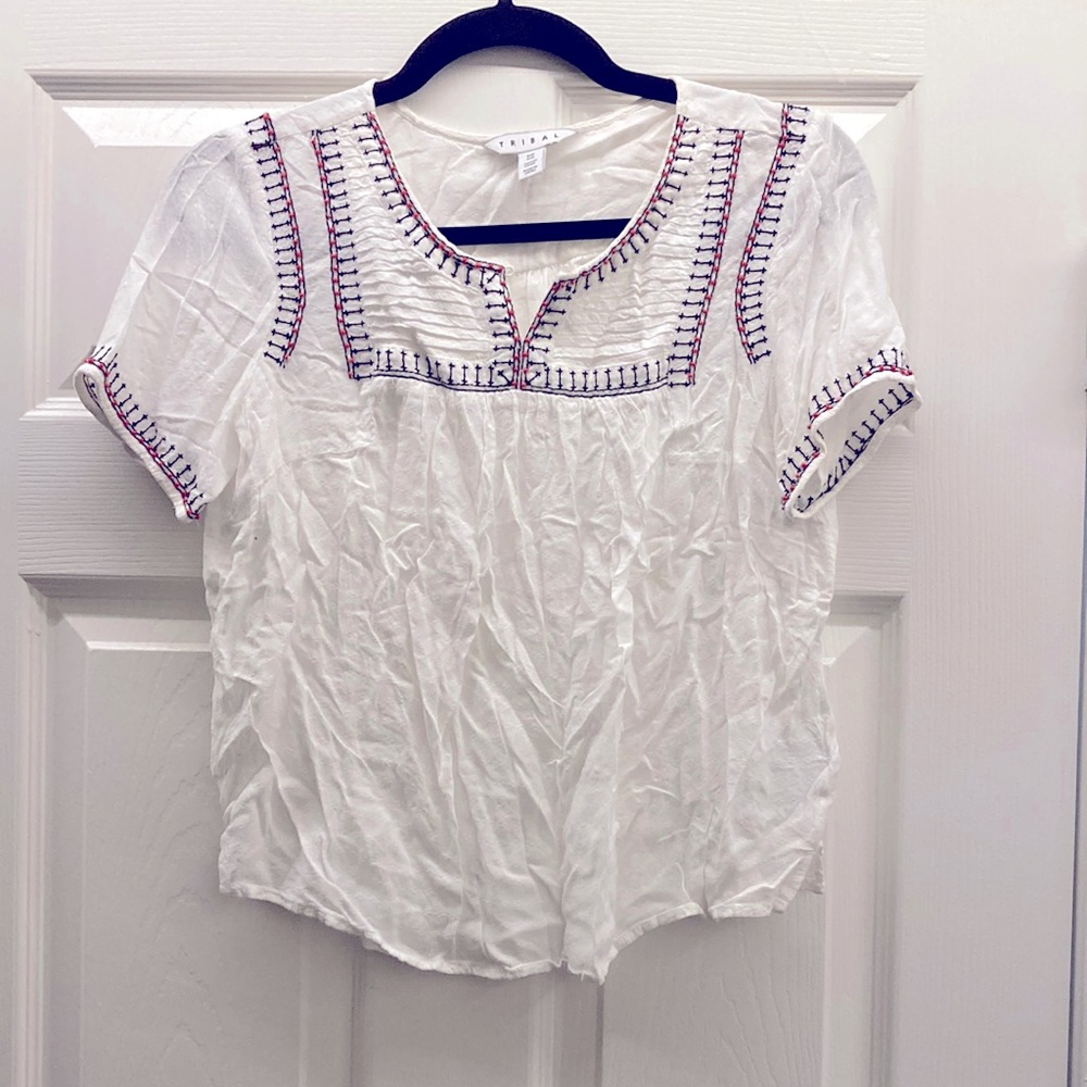 Tribal | small | flowy white shirt with black detailed stitching & red beading